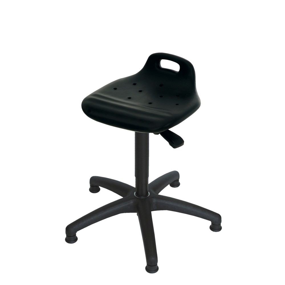 Produktabbildung: HEMMDAL Drehhocker, PU-Sitz mit Rückenstütze + Tragegriff, Sitzhöhe 430-620 mm, Bodengleiter