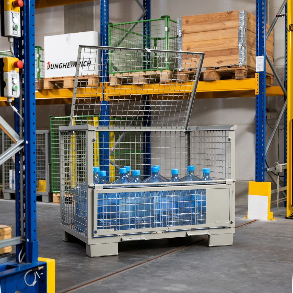 Produktabbildung Nr. 7: HEMMDAL Euro-Gitterbox mit halb abklappbarer Längswand und Deckel, HxBxT 970 x 1.240 x 835 mm, steingrau