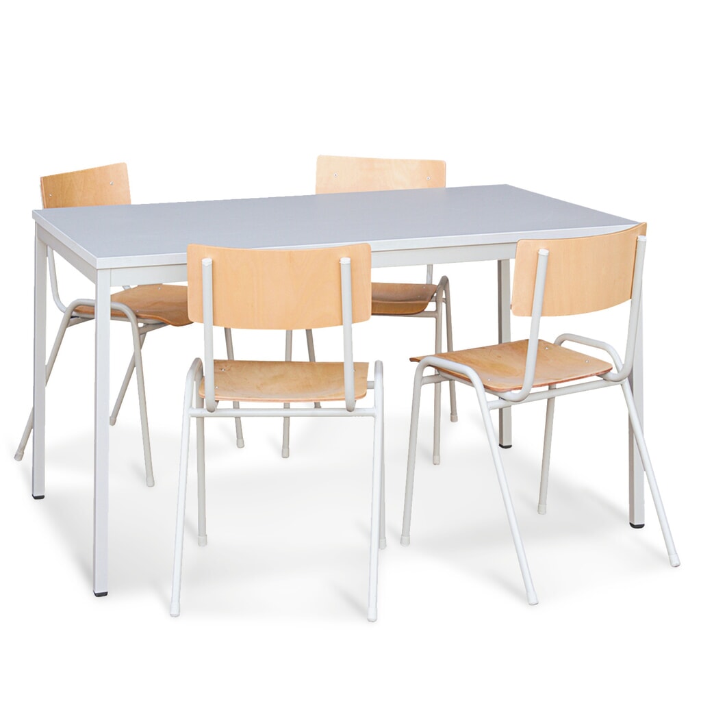 HEMMDAL Sitzgruppe mit Stahlrohrtisch, Tisch BxT 1.200 x 800 mm + 4 Stühle, lichtgrau Produktabbildung: HEMMDAL Sitzgruppe mit Stahlrohrtisch, Tisch BxT 1.200 x 800 mm + 4 Stühle, lichtgrau