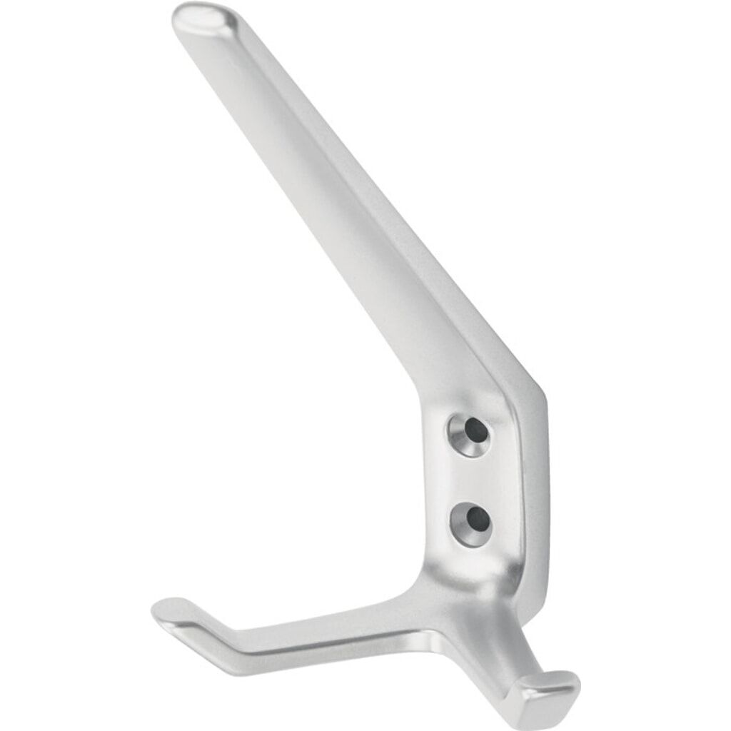 HERMETA Huthaken 0032, Aluminium silberfarbig eloxiert, zweifach Ausladung 89 mm, Höhe 127 mm Produktabbildung: HERMETA Huthaken 0032, Aluminium silberfarbig eloxiert, zweifach Ausladung 89 mm, Höhe 127 mm
