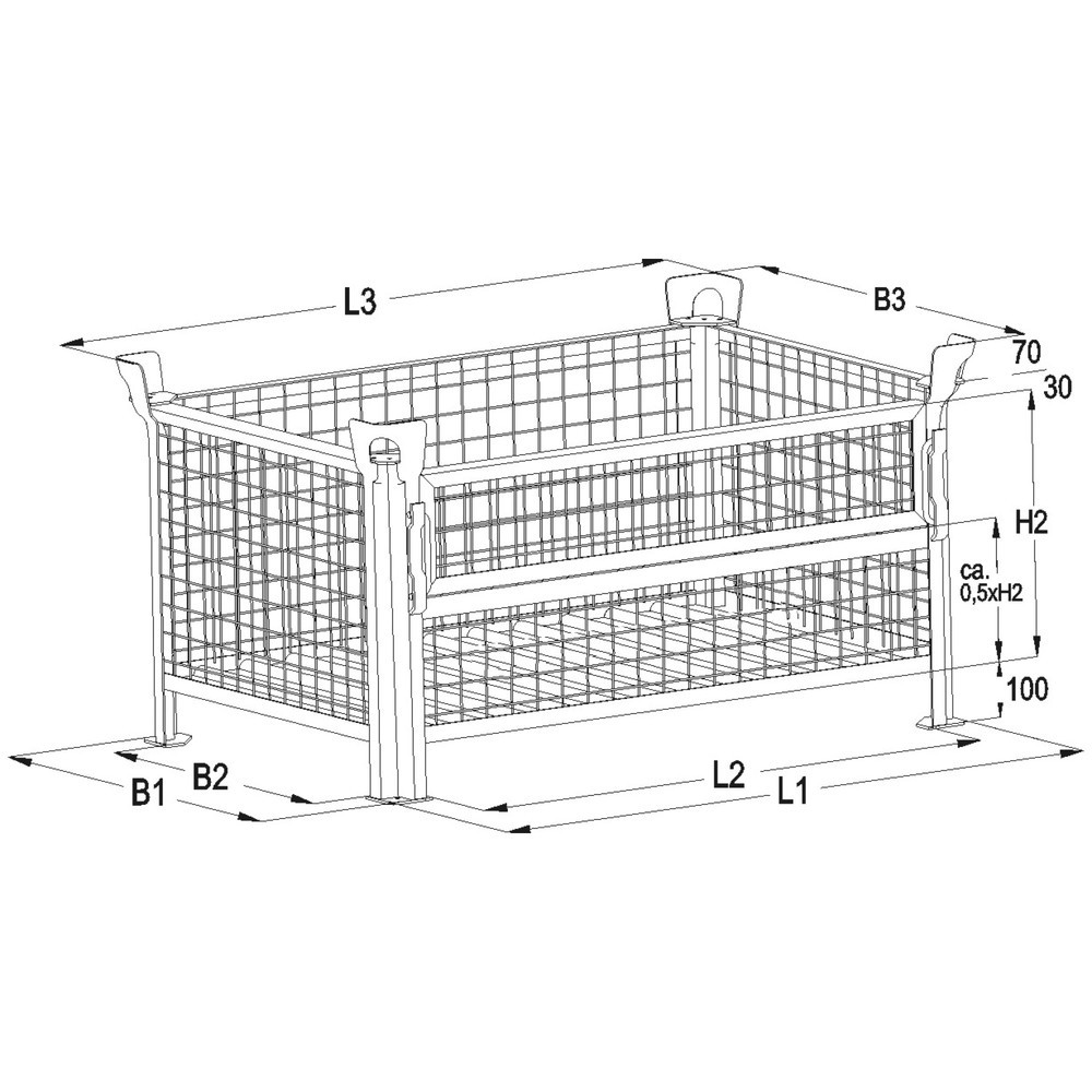 Produktabbildung Nr. 2: HESON® Gitterbox, mit ½ Gitterklappe, feuerverzinkt, HxBxT 600 x 1.200 x 1.000 mm
