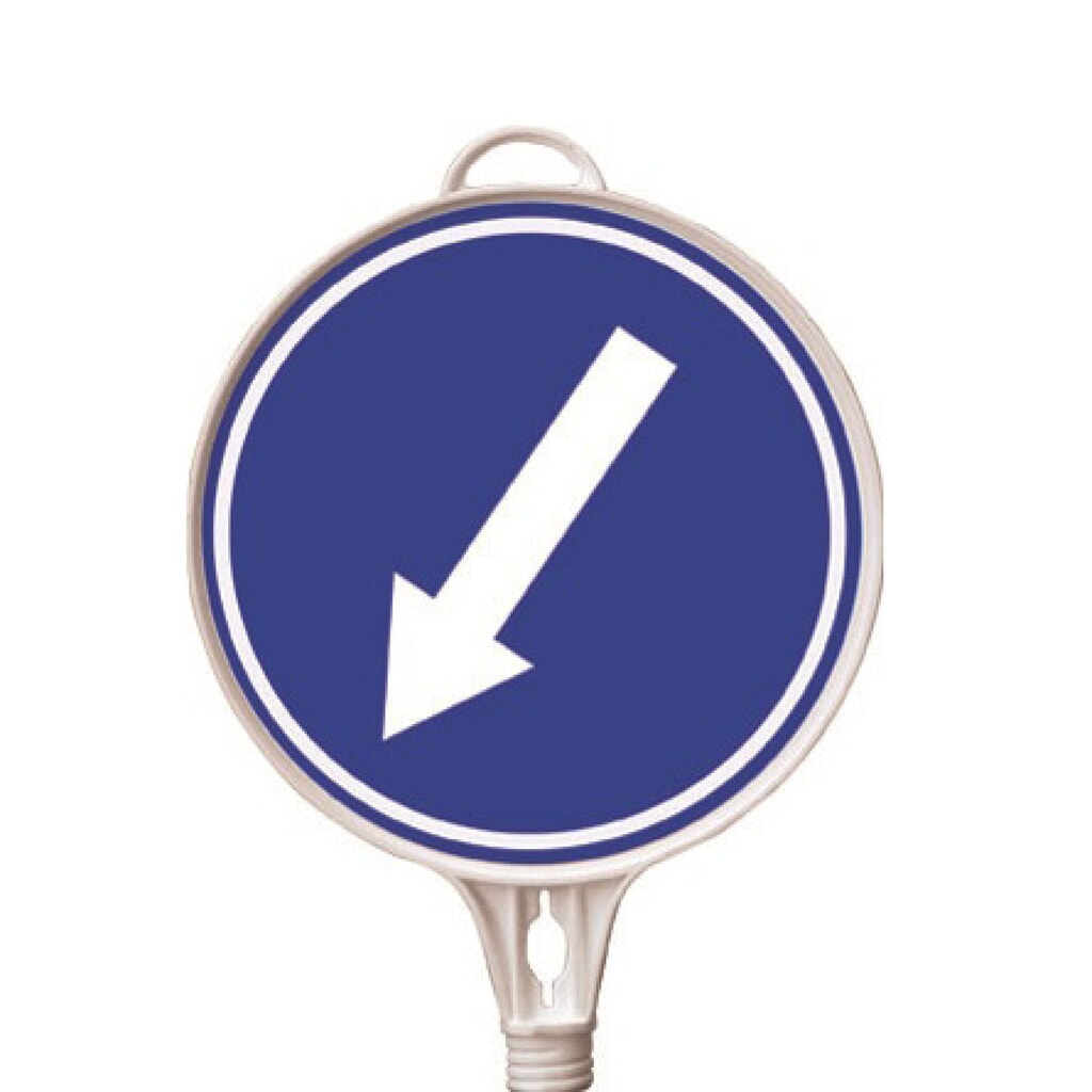 Hinweisschild Richtungspfeil, links unten, rund, ø 380 mm Produktabbildung: Hinweisschild Richtungspfeil, links unten, rund, ø 380 mm