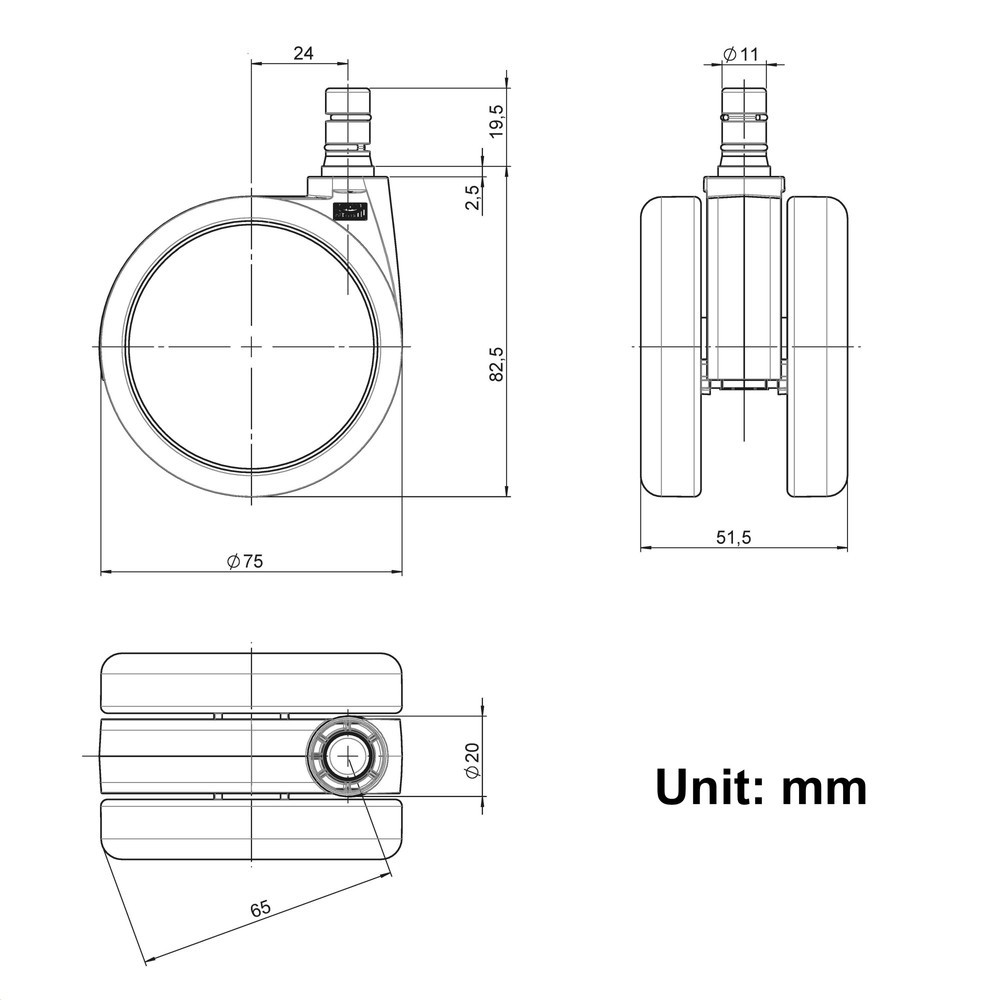 Produktabbildung Nr. 4: hjh OFFICE 5x Hartbodenrollen ROLO No-Noise 11 mm / 75mm Büro-Stuhl-Rollen für Hartböden, (5er Pack)