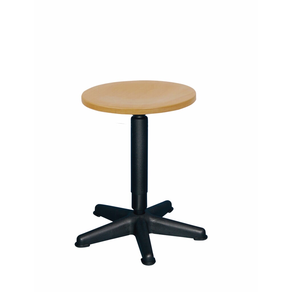 Hocker, Sitz aus Buche, Sitzhöhe 410-600 mm, Drehspindel, Kunststoffbasis, Bodengleiter Produktabbildung: Hocker, Sitz aus Buche, Sitzhöhe 410-600 mm, Drehspindel, Kunststoffbasis, Bodengleiter