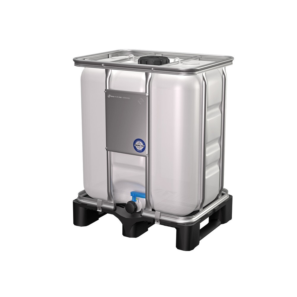 Produktabbildung: IBC-Container, auf Kunststoffpalette, mit verzinktem Stahlrohrrahmen, 300 Liter, mit UN-Zulassung
