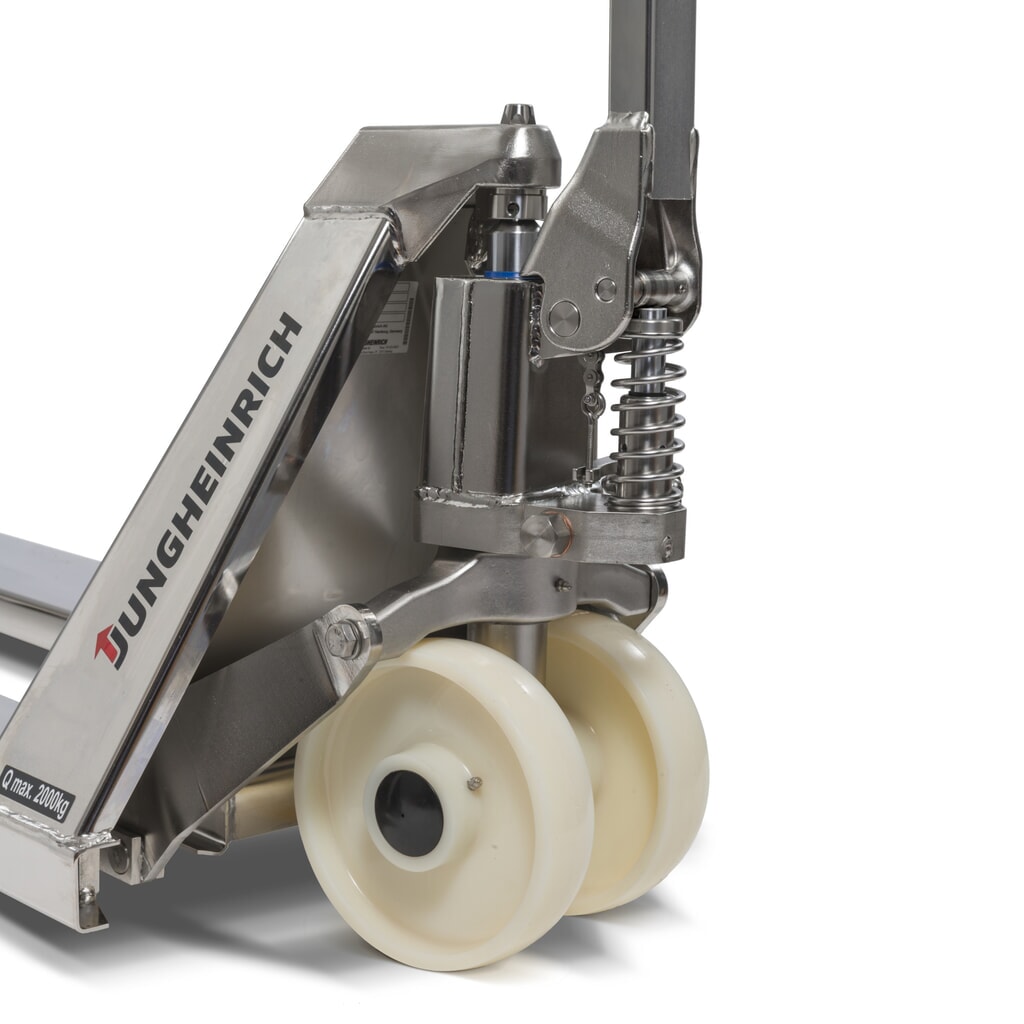 Produktabbildung Nr. 3: Jungheinrich Edelstahl-Handhubwagen AM I20p, Professional-Ausführung, Tragfähigkeit 2.000 kg, Sonder-Gabeltragbreite 680 mm, Gabellänge 1.220 mm, Nylon, Tandemrollen