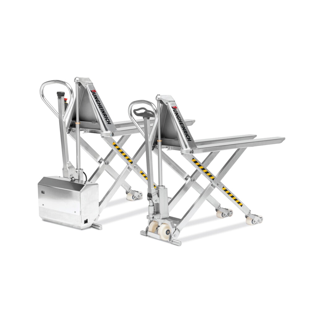Jungheinrich Edelstahl-Scherenhubwagen AMX I15ep, Professional, Tragfähigkeit 1.500 kg, Gabellänge 1.200 mm, Nylon Produktabbildung: Jungheinrich Edelstahl-Scherenhubwagen AMX I15ep, Professional, Tragfähigkeit 1.500 kg, Gabellänge 1.200 mm, Nylon