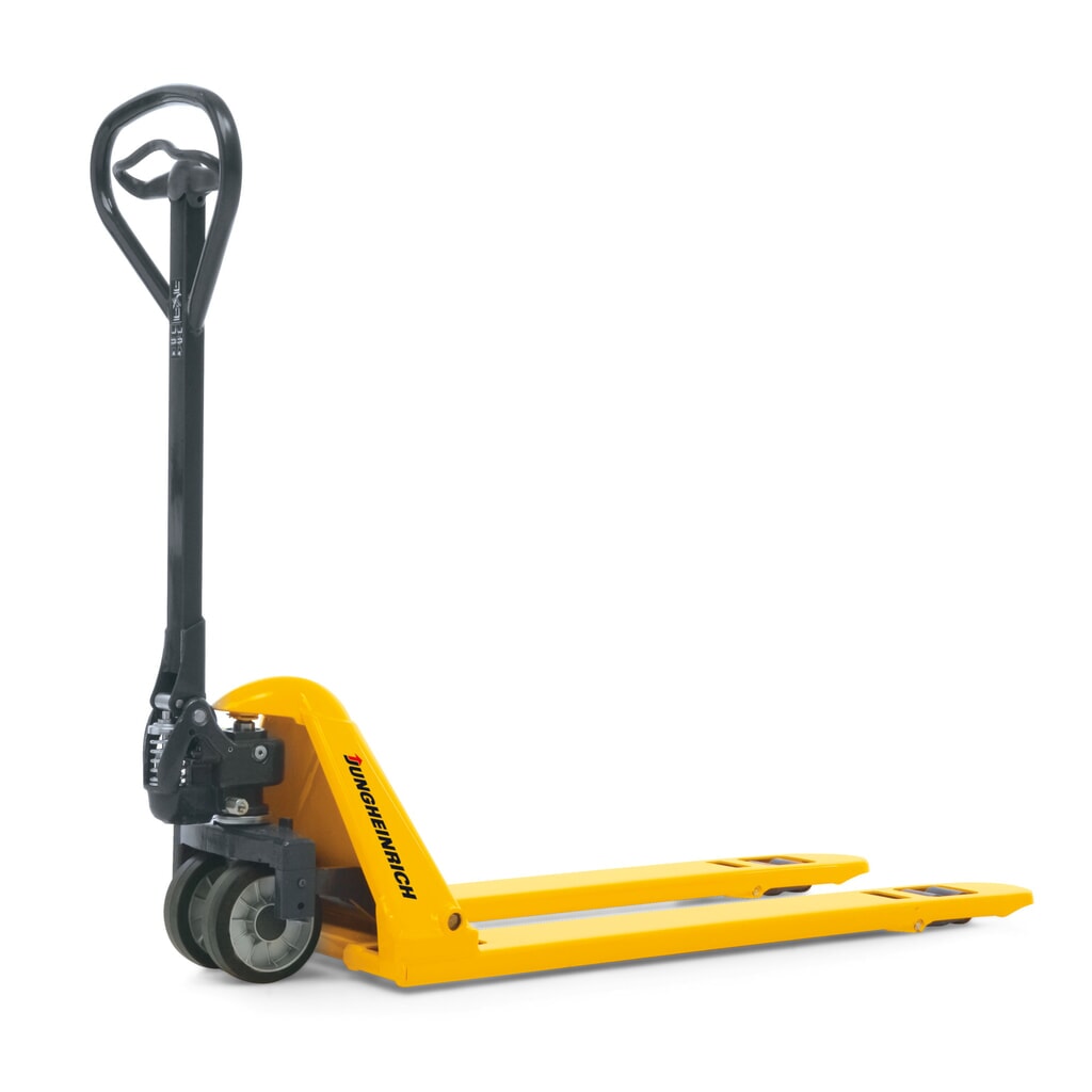 Produktabbildung: Jungheinrich Niederflur-Handhubwagen AM 15l, Tragfähigkeit 1.500 kg, Sonder-Gabeltragbreite 680 mm, Gabellänge 1.150 mm, Vollgummi/Nylon, Tandemrollen