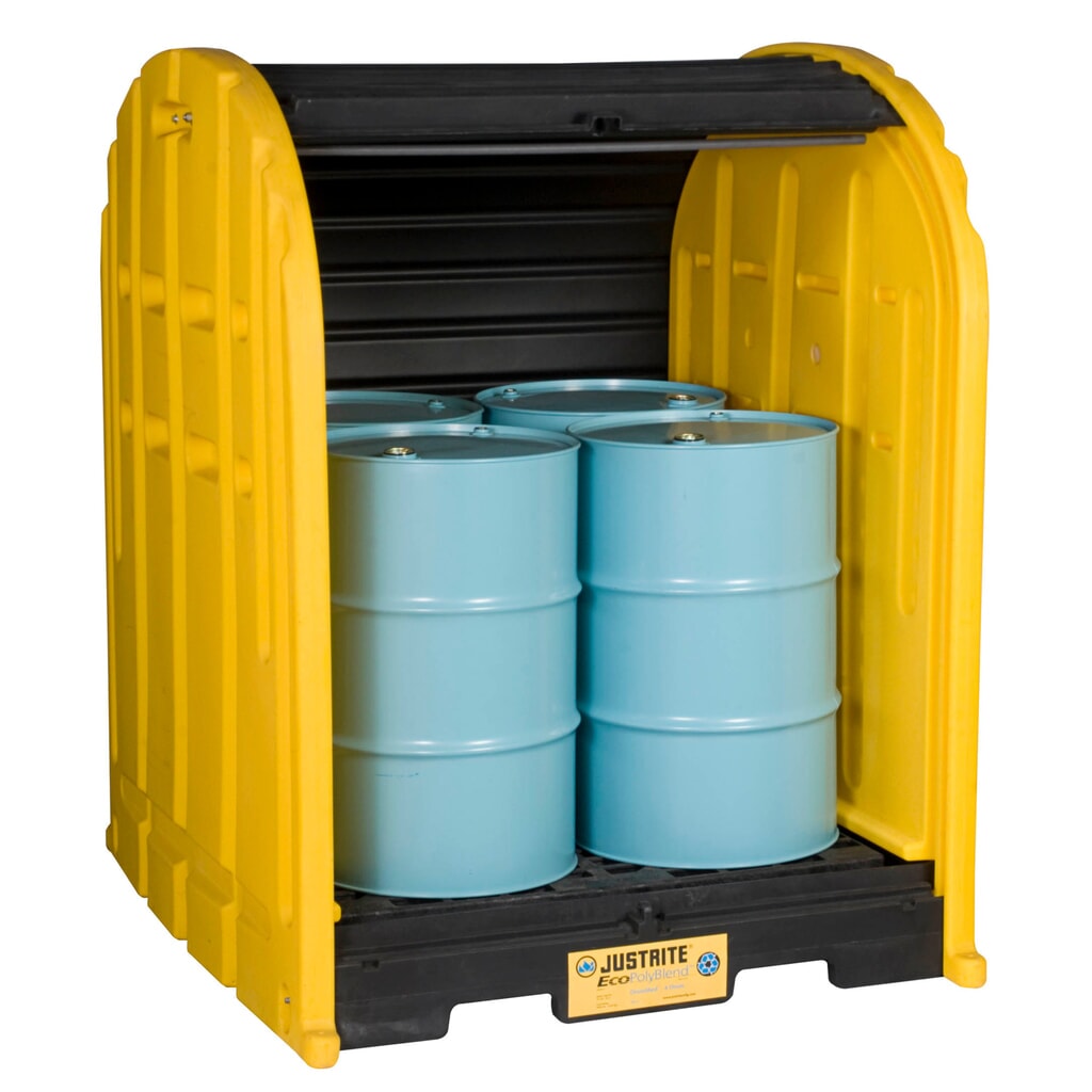 Justrite® Fassdepot mit Rolltoren, 4x 200 l, Auffangvolumen 301 l Produktabbildung: Justrite® Fassdepot mit Rolltoren, 4x 200 l, Auffangvolumen 301 l