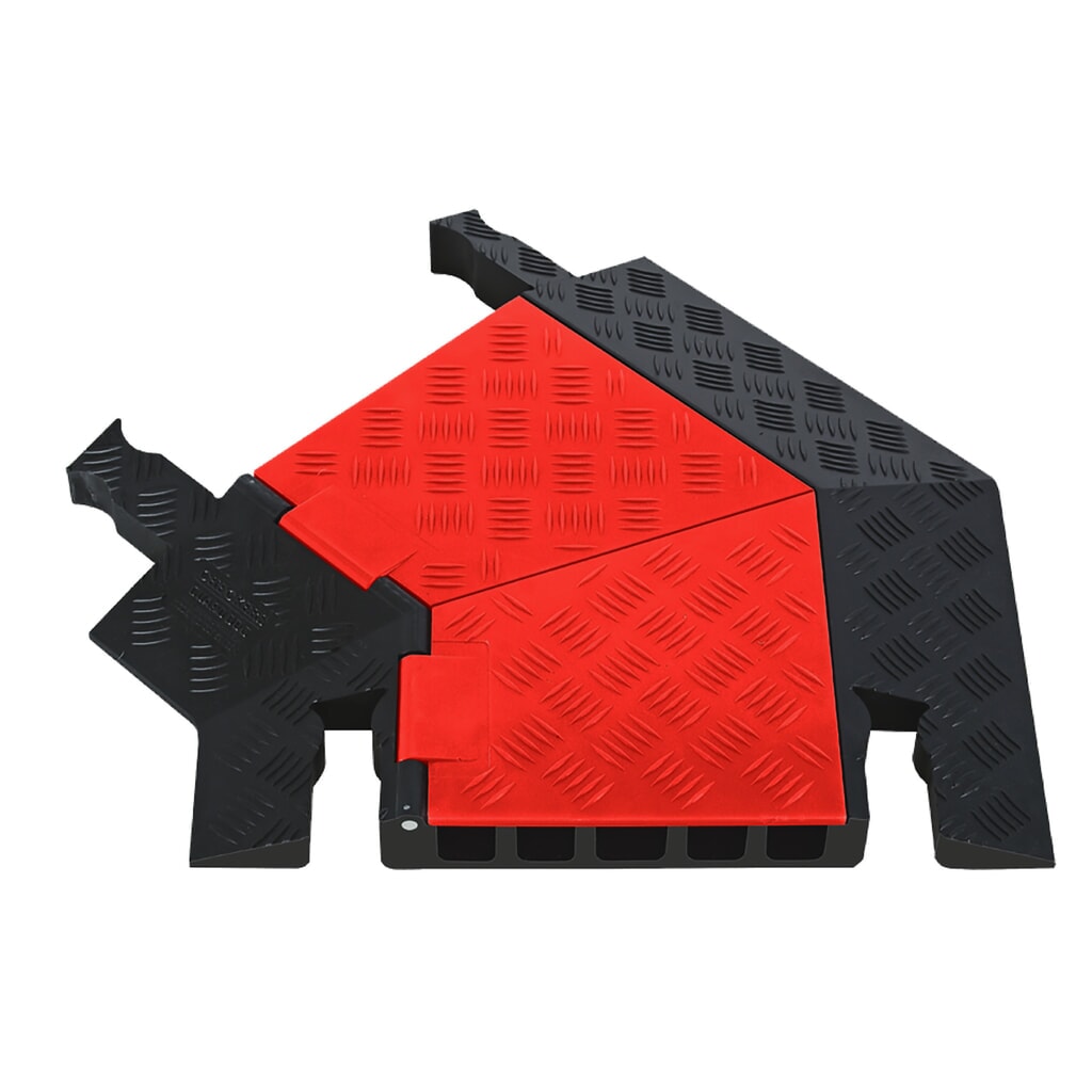 Produktabbildung: Justrite® Kabelbrücke Guard Dog® , 45°-Biegung links, 5 Kanäle, LxB 620 x 500 mm, schwarz/orange
