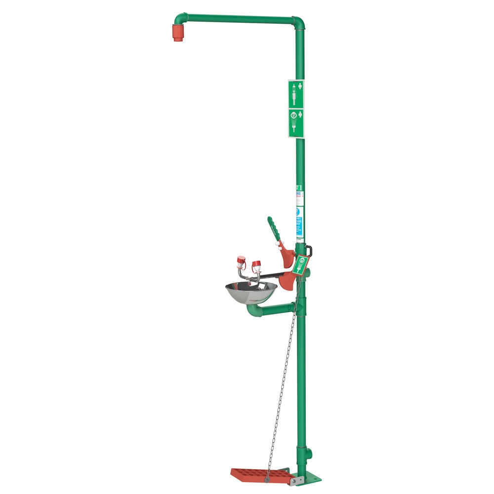 Produktabbildung: Justrite® Körper-/Augendusche-Kombination SD18G85GD Hughes, selbstentleerend, Standmodell, Außenbereich, verzinkter Stahl