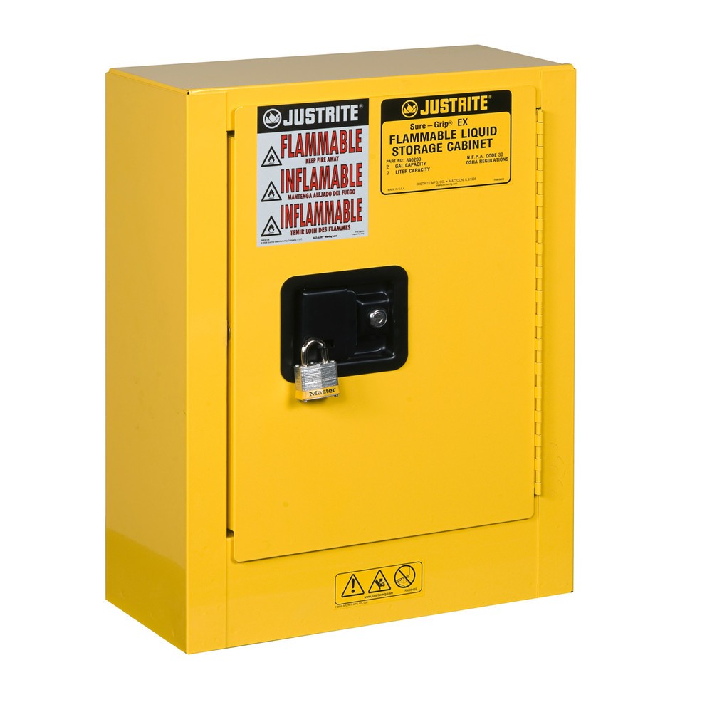 Produktabbildung: Justrite® Mini-Sicherheitsschrank, HxBxT 560 x 430 x 200 mm, 1 Fachboden, manuell schließend
