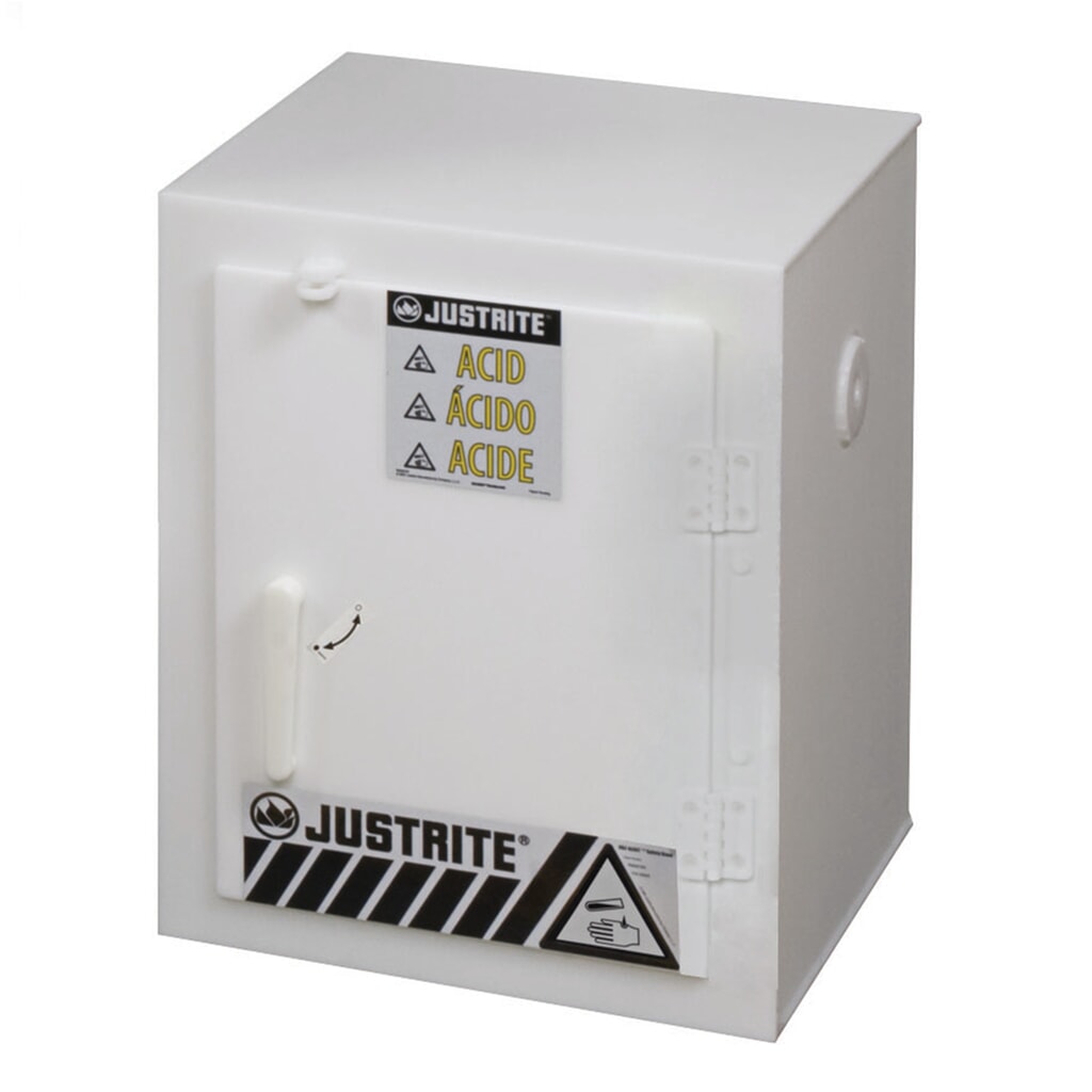 Produktabbildung: Justrite® PE-Chemikalienschrank, HxBxT 560 x 430 x 430 mm, ohne Fachboden, manuell schließend