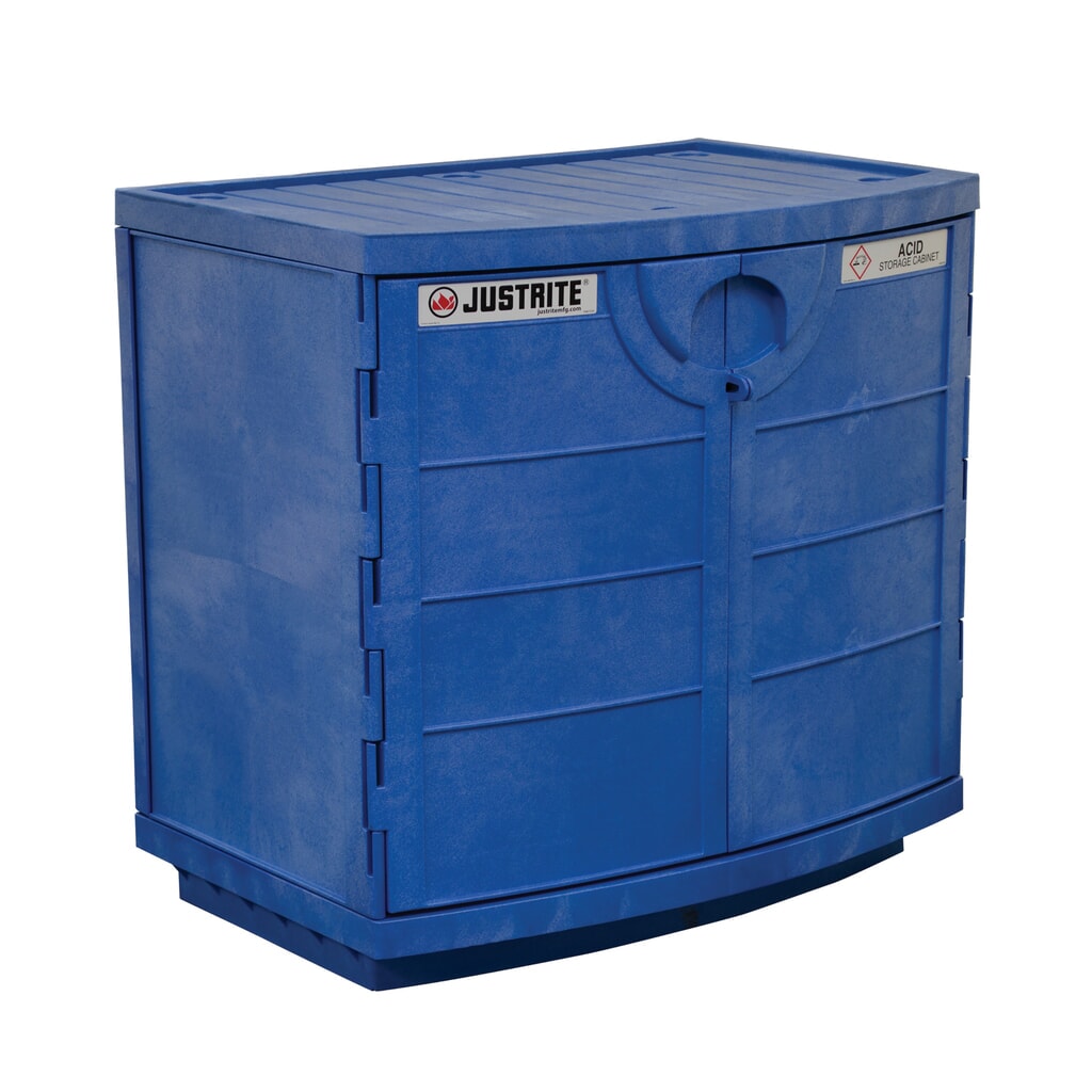 Justrite® PE-Chemikalienschrank für korrosive Chemikalien, HxBxT 900 x 910 x 640 mm, 1 Fachboden, manuell schließend Produktabbildung: Justrite® PE-Chemikalienschrank für korrosive Chemikalien, HxBxT 900 x 910 x 640 mm, 1 Fachboden, manuell schließend