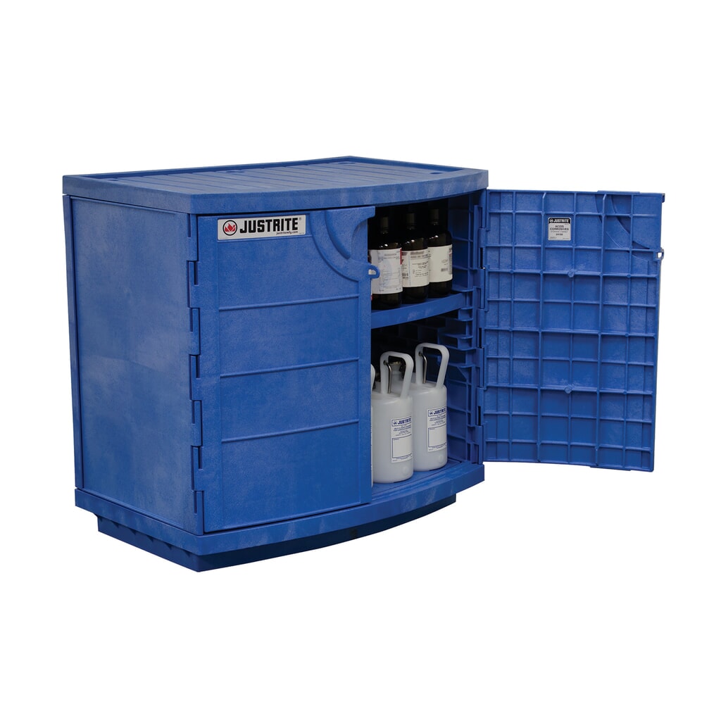 Produktabbildung Nr. 3: Justrite® PE-Chemikalienschrank für korrosive Chemikalien, HxBxT 900 x 910 x 640 mm, 1 Fachboden, manuell schließend