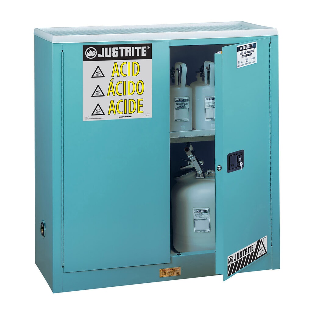 Produktabbildung: Justrite® Chemikalienschrank Classic Sure-Grip® FM, für Ätzmittel, HxBxT 1.120 x 1.090 x 460 mm, 1 Fachboden, manuell schließend