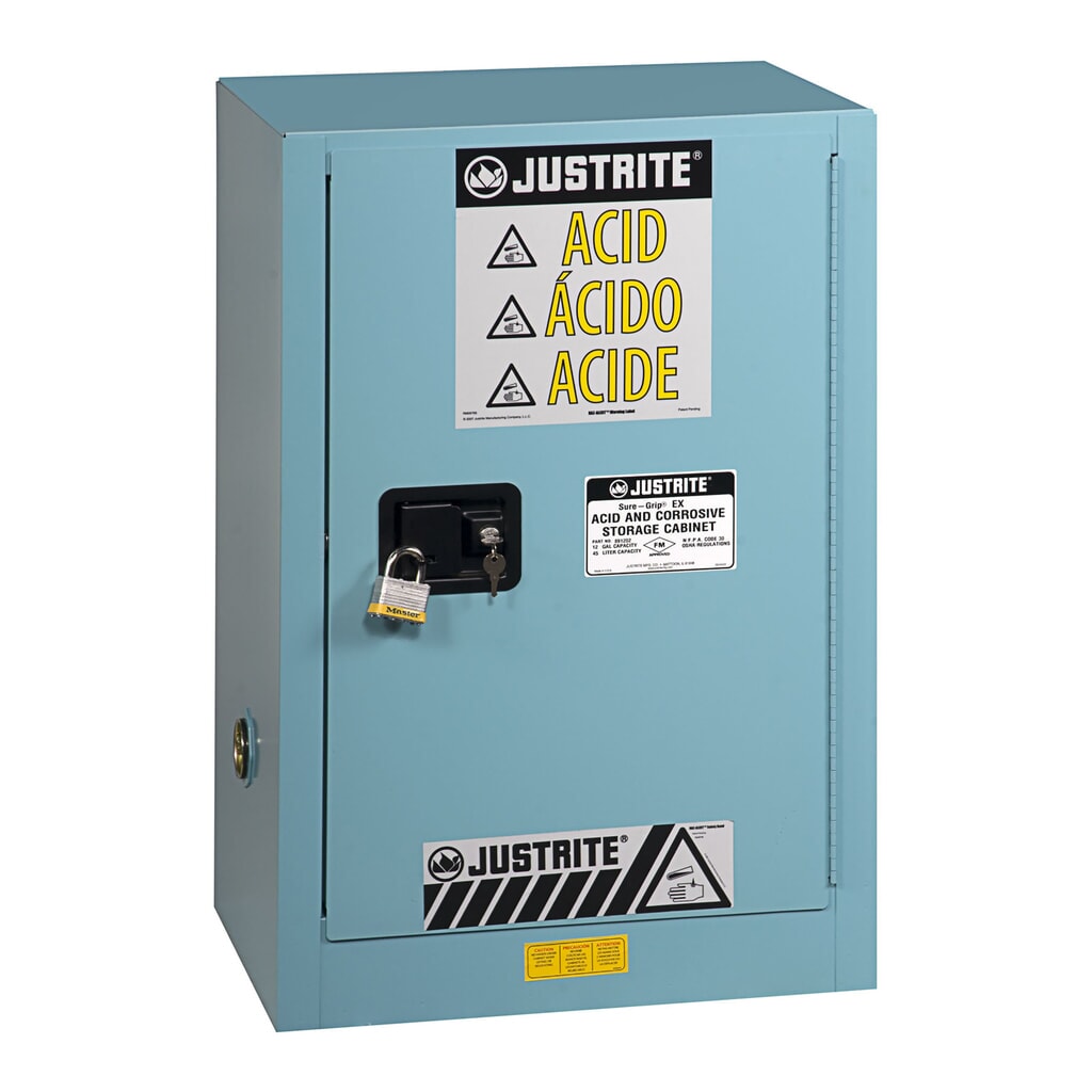 Produktabbildung: Justrite® Brandschutzschrank Compac Sure-Grip® FM, für Ätzmittel, HxBxT 890 x 590 x 460 mm, 1 Fachboden, selbstschließend