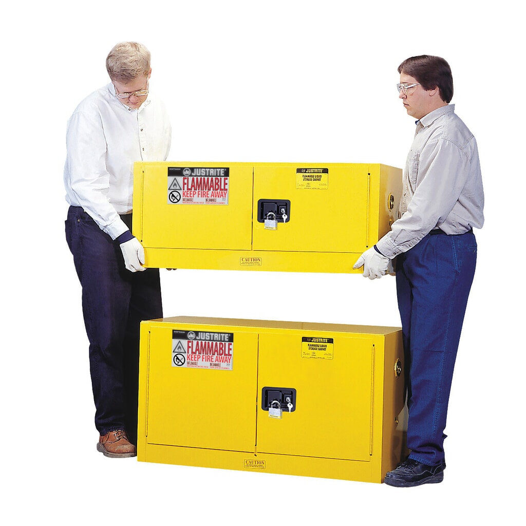 Justrite® Brandschutzschrank Piggyback Sure-Grip® FM, HxBxT 610 x 1.090 x 460 mm, 1 Fachboden, manuell schließend Produktabbildung Nr. 2: Justrite® Brandschutzschrank Piggyback Sure-Grip® FM, HxBxT 610 x 1.090 x 460 mm, 1 Fachboden, manuell schließend