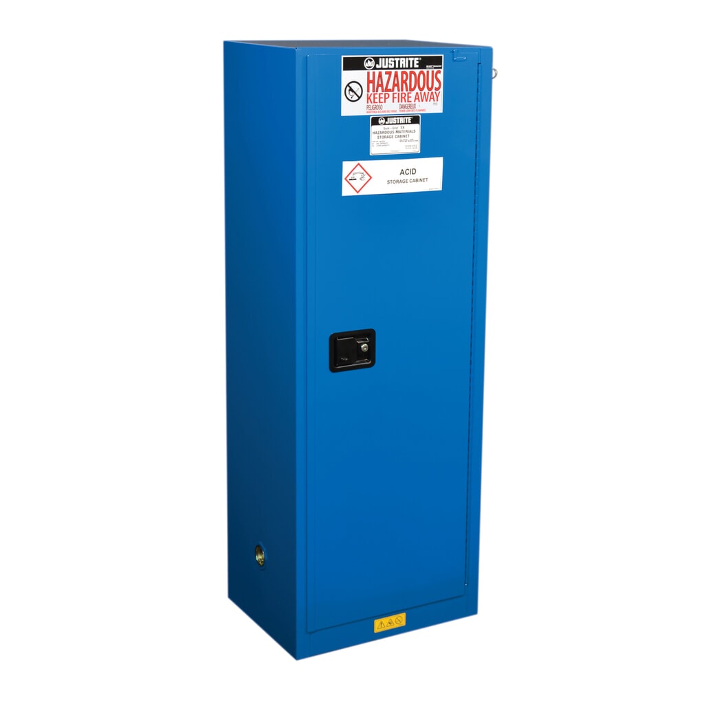 Produktabbildung: Justrite® Brandschutzschrank Slimline Sure-Grip® FM, für Ätzmittel, HxBxT 1.650 x 590 x 460 mm, 3 Fachböden, selbstschließend