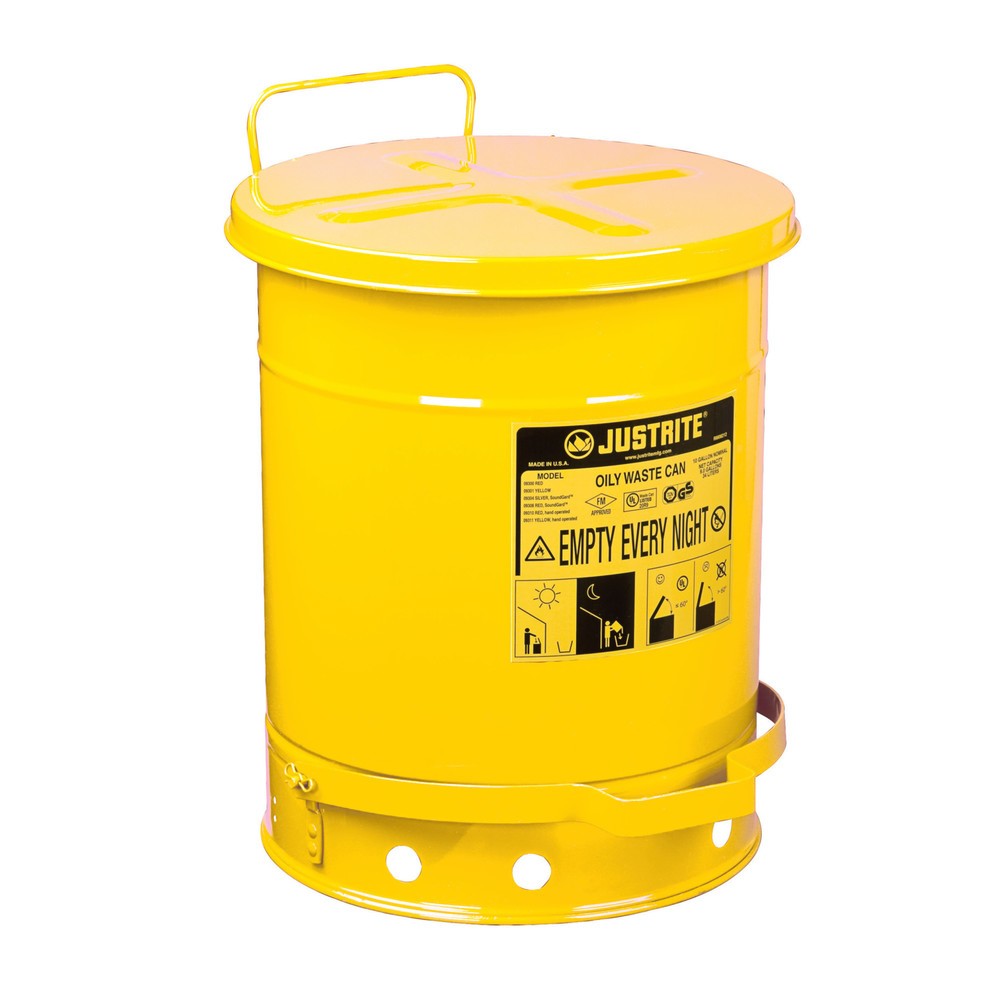 Produktabbildung: Justrite® Werkbank-Sammelbehälter, Fußpedal, gelb, 34 Liter