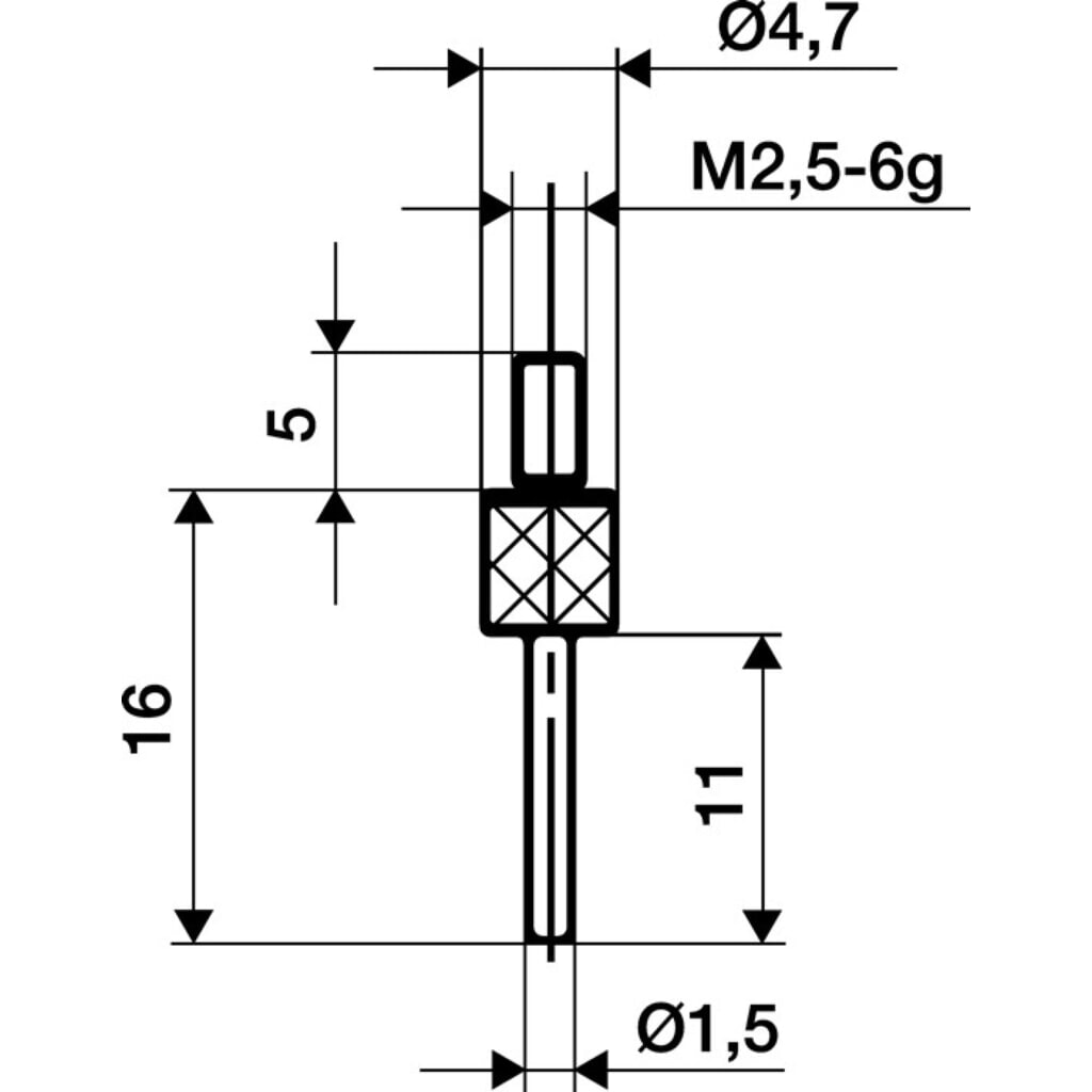 Produktabbildung: KÄFER Messeinsatz, M2,5 Stahl, Ø 1,5 mm Länge 11 mm Stift, passend zu Messuhren