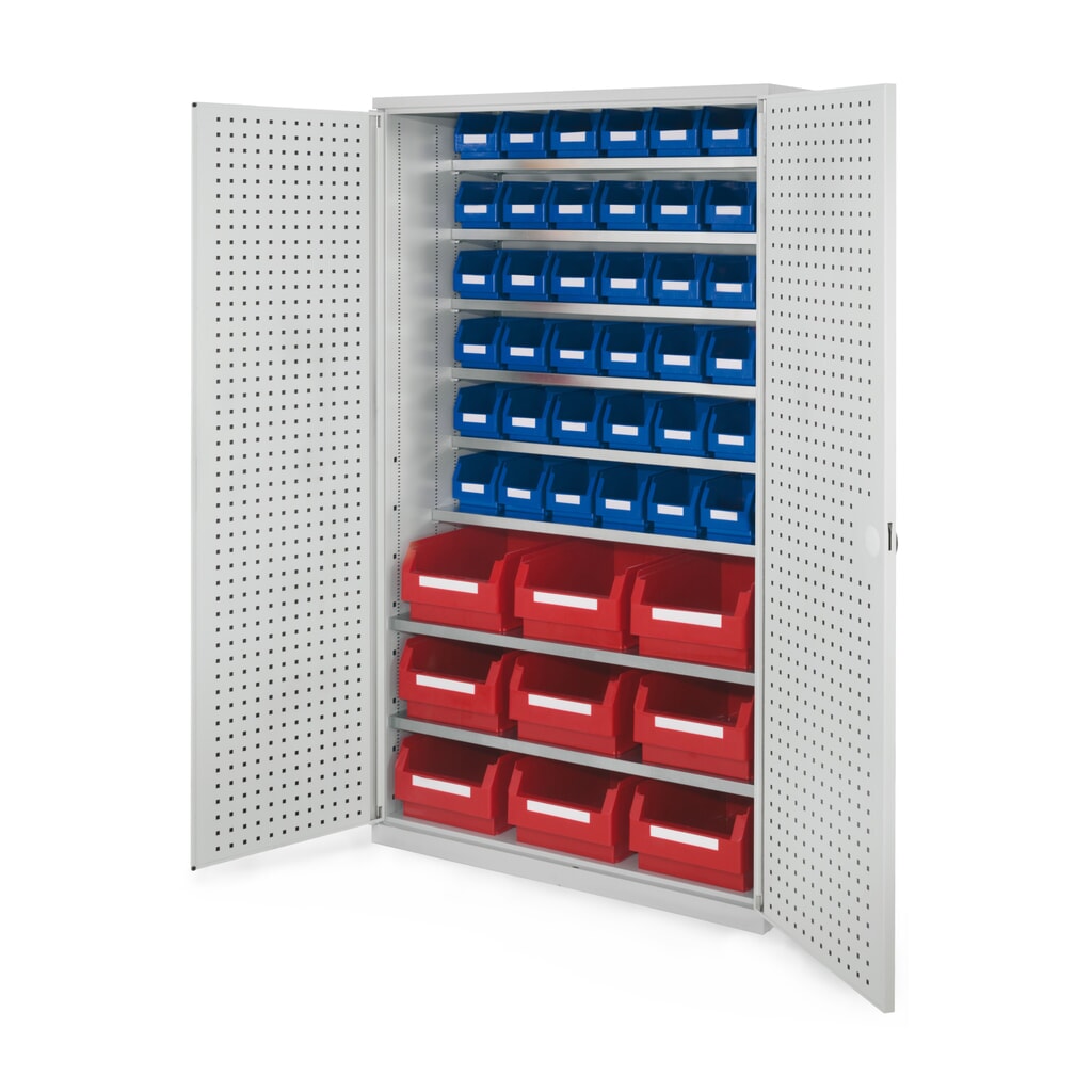 Produktabbildung: Kappes Magazinschrank mit Fachböden, HxBxT 1.950 x 1.130 x 590 mm, 8 Stück, RasterPlan Lochplattentür, 51 Lagersichtkästen, lichtgrau