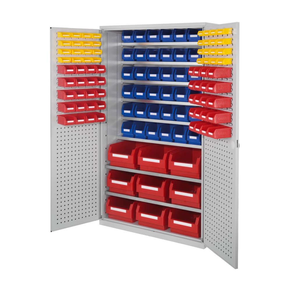Produktabbildung: Kappes Magazinschrank mit Fachböden, HxBxT 1.950 x 1.130 x 590 mm, 8 Stück, RasterPlan Loch-/Schlitzplattentür, 123 Lagersichtkästen, lichtgrau