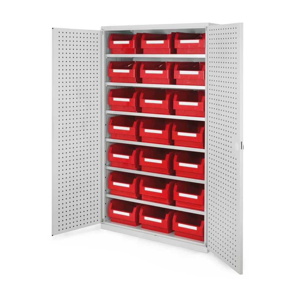 Produktabbildung: Kappes Magazinschrank mit Fachböden, HxBxT 1.950 x 1.130 x 590 mm, 6 Stück, RasterPlan Lochplattentür, 21 Lagersichtkästen, lichtgrau