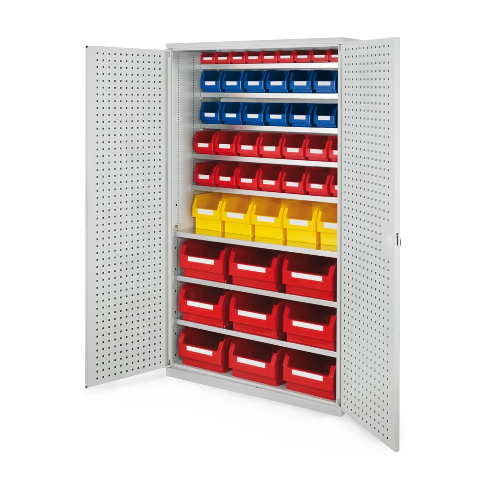 Produktabbildung: Kappes Magazinschrank mit Fachböden, HxBxT 1.950 x 1.130 x 590 mm, 8 Stück, RasterPlan Lochplattentür, 52 Lagersichtkästen, lichtgrau