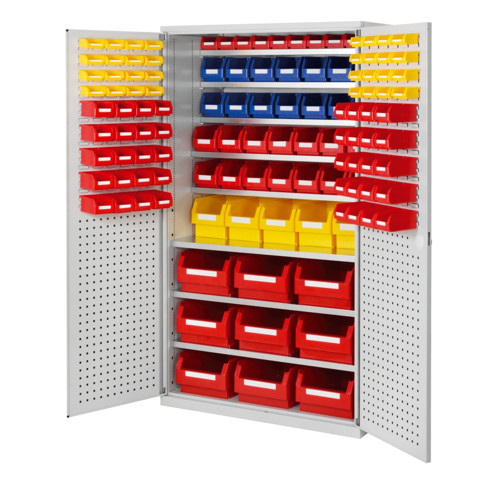 Produktabbildung: Kappes Magazinschrank mit Fachböden, HxBxT 1.950 x 1.130 x 590 mm, 8 Stück, RasterPlan Loch-/Schlitzplattentür, 124 Lagersichtkästen, lichtgrau