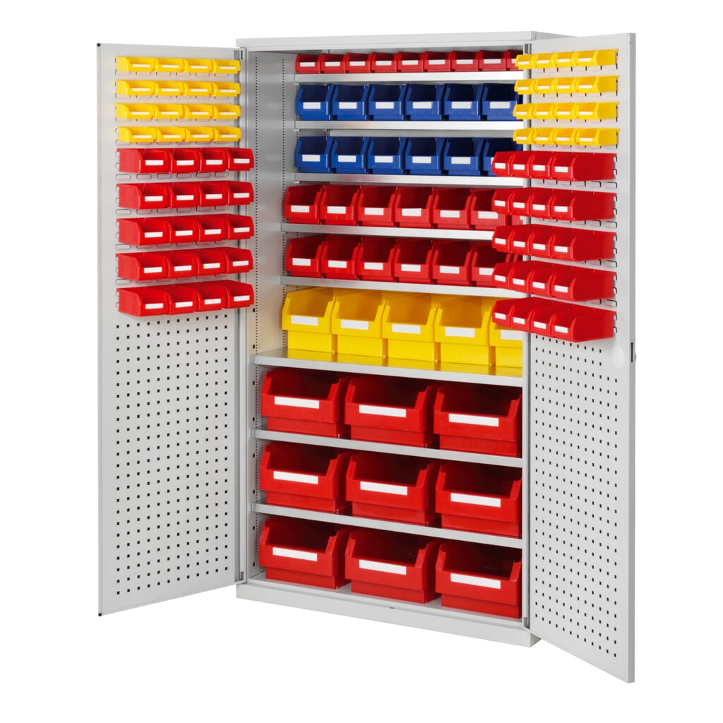 Kappes Magazinschrank mit Fachböden, HxBxT 1.950 x 1.130 x 590 mm, 8 Stück, RasterPlan Loch-/Schlitzplattentür, 124 Lagersichtkästen, lichtgrau Produktabbildung: Kappes Magazinschrank mit Fachböden, HxBxT 1.950 x 1.130 x 590 mm, 8 Stück, RasterPlan Loch-/Schlitzplattentür, 124 Lagersichtkästen, lichtgrau