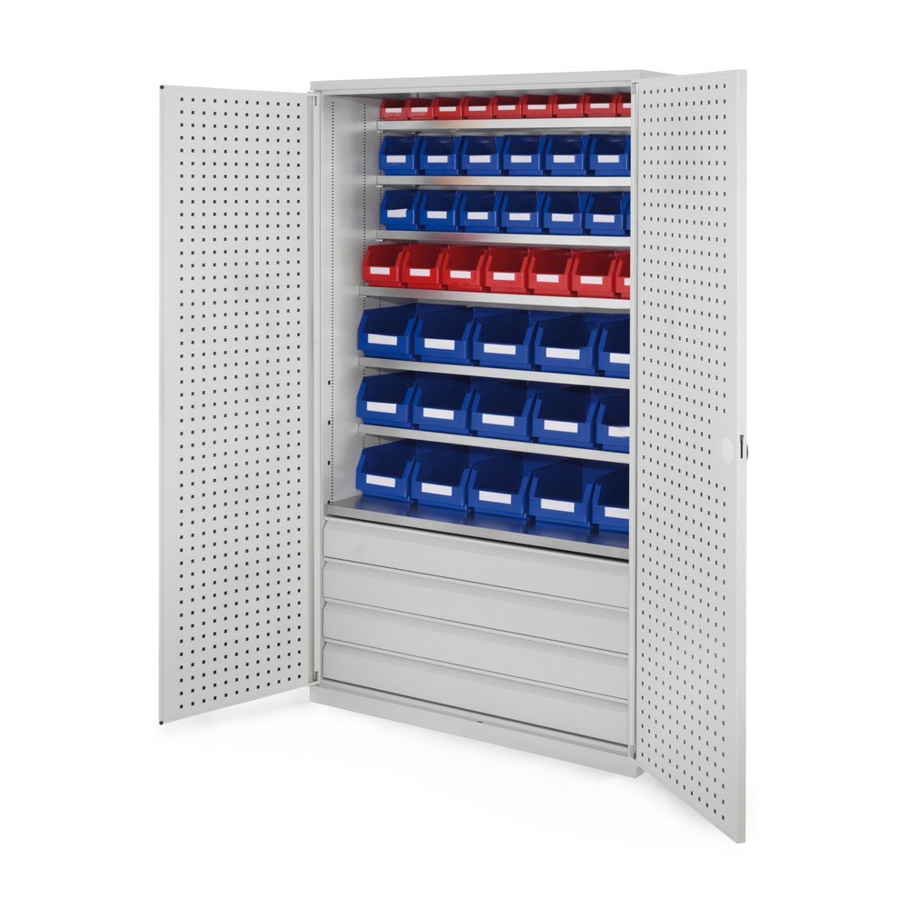 Produktabbildung: Kappes Magazinschrank mit Schubladen, 1.950 x 1.130 x 590 mm, 7 Böden, 4 Schubladen, 46 Lagersichtkästen, RasterPlan Lochplattentür, lichtgrau