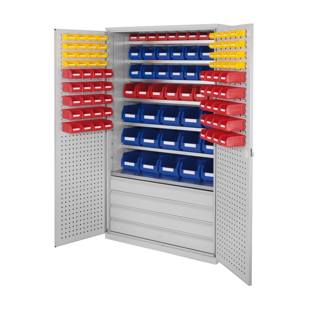 Produktabbildung: Kappes Magazinschrank mit Schubladen, 1.950 x 1.130 x 590 mm, 7 Böden, 4 Schubladen, 118 Lagersichtkästen, RasterPlan Loch-/Schlitzplattentür, lichtgrau