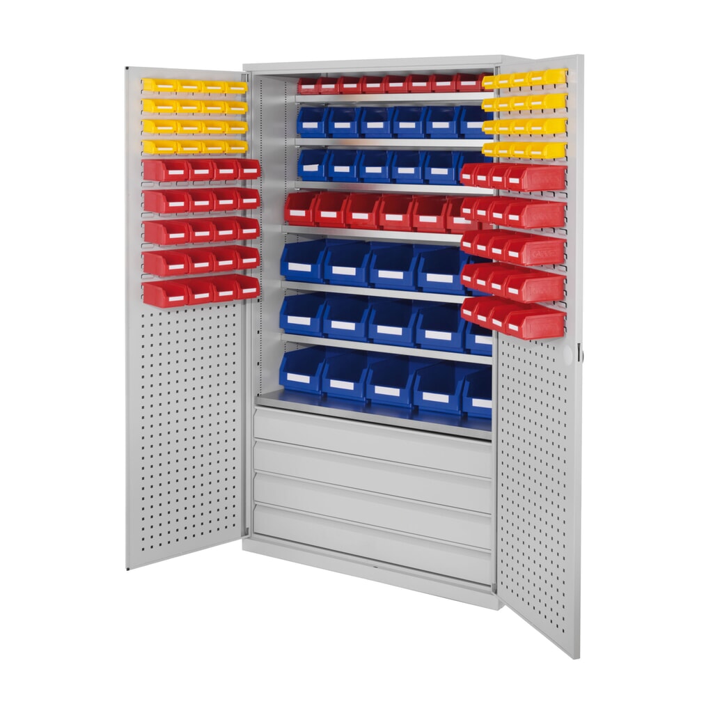 Produktabbildung: Kappes Magazinschrank mit Schubladen, 1.950 x 1.130 x 590 mm, 7 Böden, 4 Schubladen, 118 Lagersichtkästen, RasterPlan Loch-/Schlitzplattentür, lichtgrau