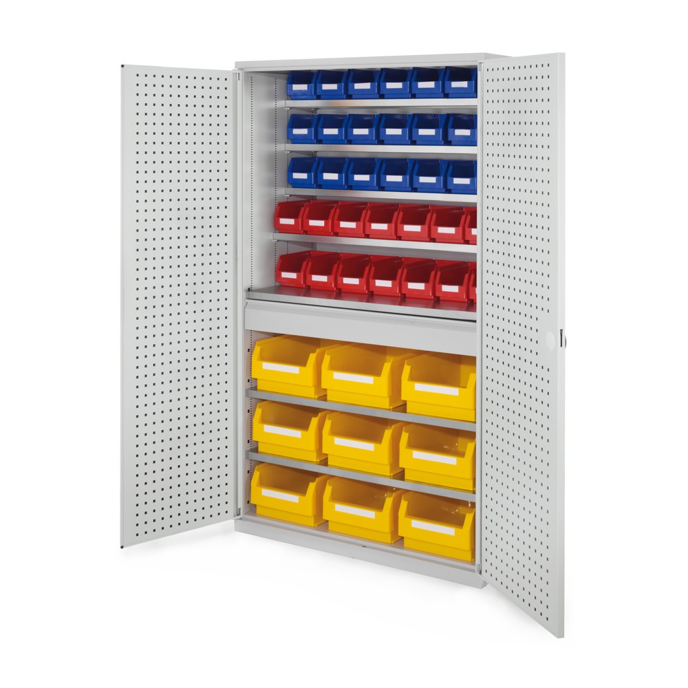 Produktabbildung: Kappes Magazinschrank mit Schubladen, 1.950 x 1.130 x 590 mm, 7 Böden, 1 Schublade, 44 Lagersichtkästen, RasterPlan Lochplattentür, lichtgrau