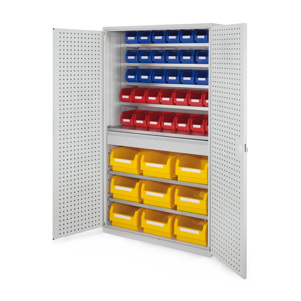 Produktabbildung: Kappes Magazinschrank mit Schubladen, 1.950 x 1.130 x 590 mm, 7 Böden, 1 Schublade, 44 Lagersichtkästen, RasterPlan Lochplattentür, lichtgrau