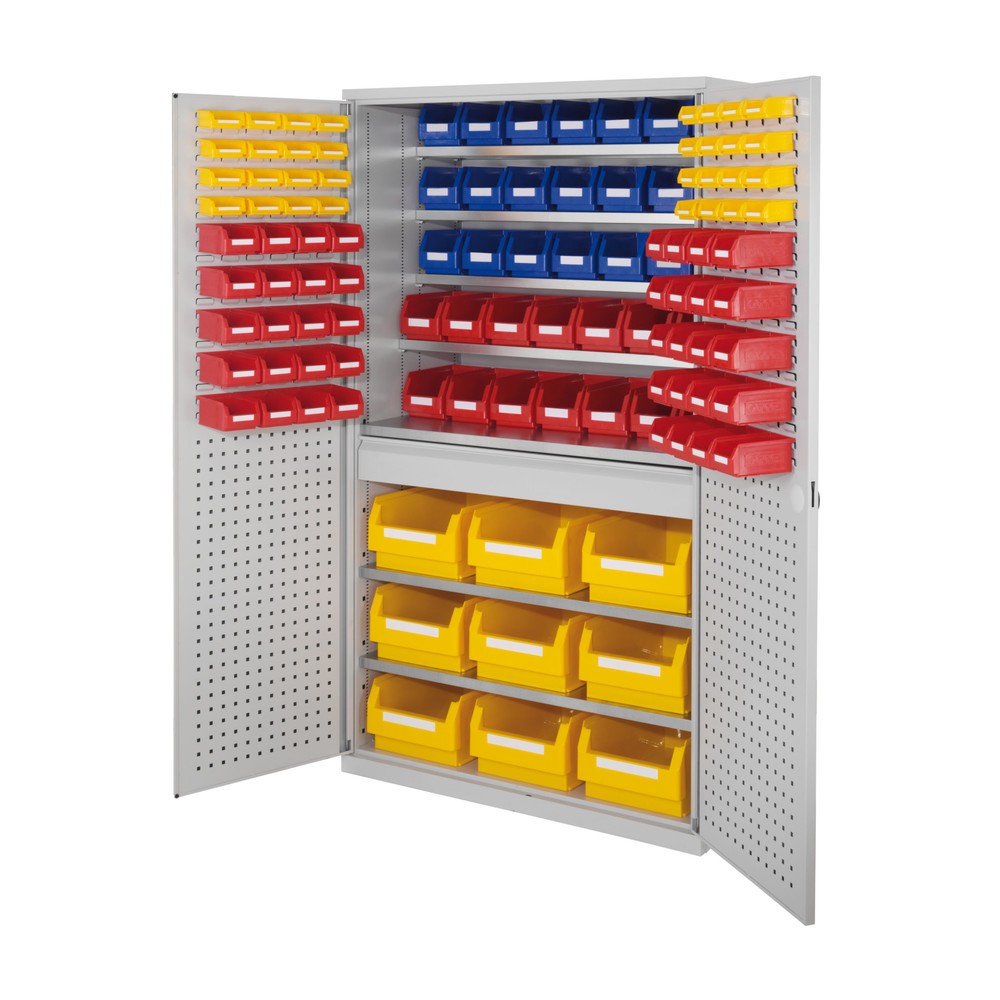 Produktabbildung: Kappes Magazinschrank mit Schubladen, 1.950 x 1.130 x 590 mm, 7 Böden, 1 Schublade, 116 Lagersichtkästen, RasterPlan Loch-/Schlitzplattentür, lichtgrau