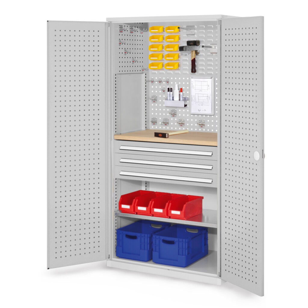 Kappes RasterPlan Schubladenschrank mit Werkbankplatte Multiplex, HxBxT 1.950 x 1.000 x 600 mm, 1 Fachboden, 3 Schubladen, Türinnenseite: Lochplatten, lichtgrau Produktabbildung: Kappes RasterPlan Schubladenschrank mit Werkbankplatte Multiplex, HxBxT 1.950 x 1.000 x 600 mm, 1 Fachboden, 3 Schubladen, Türinnenseite: Lochplatten, lichtgrau