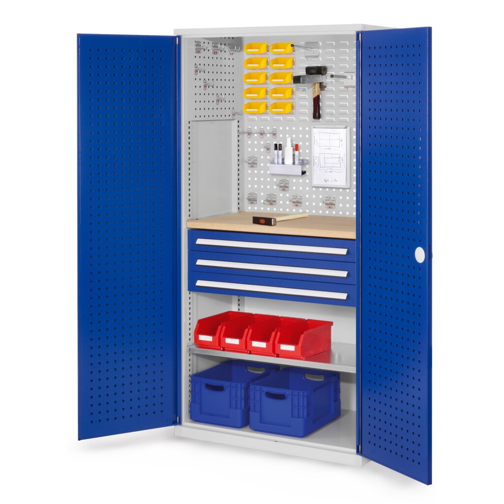Kappes RasterPlan Schubladenschrank mit Werkbankplatte Multiplex, HxBxT 1.950 x 1.000 x 600 mm, 1 Fachboden, 3 Schubladen, Türinnenseite: Lochplatten, lichtgrau, enzianblau Produktabbildung: Kappes RasterPlan Schubladenschrank mit Werkbankplatte Multiplex, HxBxT 1.950 x 1.000 x 600 mm, 1 Fachboden, 3 Schubladen, Türinnenseite: Lochplatten, lichtgrau, enzianblau