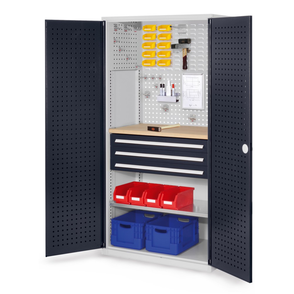 Produktabbildung: Kappes ®RasterPlan Schubladenschrank mit Werkbankplatte Multiplex, HxBxT 1.950 x 1.000 x 600 mm, 1 Fachboden, 3 Schubladen, Türinnenseite: Lochplatten, lichtgrau, anthrazitgrau