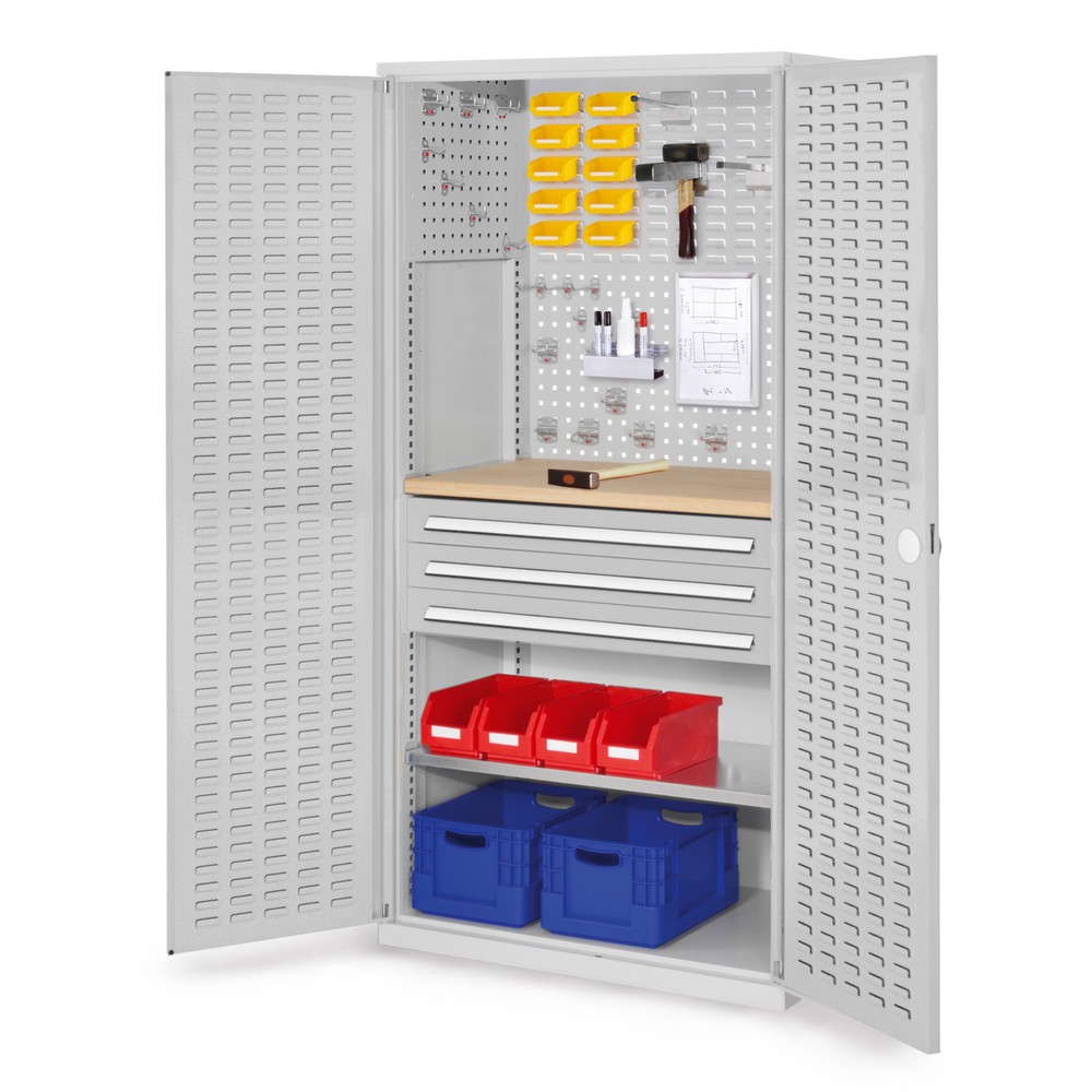 Produktabbildung: Kappes ®RasterPlan Schubladenschrank mit Werkbankplatte Multiplex, HxBxT 1.950 x 1.000 x 600 mm, 1 Fachboden, 3 Schubladen, Türinnenseite: Schlitzplatten, lichtgrau