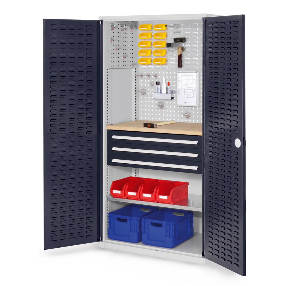 Produktabbildung: Kappes ®RasterPlan Schubladenschrank mit Werkbankplatte Multiplex, HxBxT 1.950 x 1.000 x 600 mm, 1 Fachboden, 3 Schubladen, Türinnenseite: Schlitzplatten, lichtgrau, anthrazitgrau