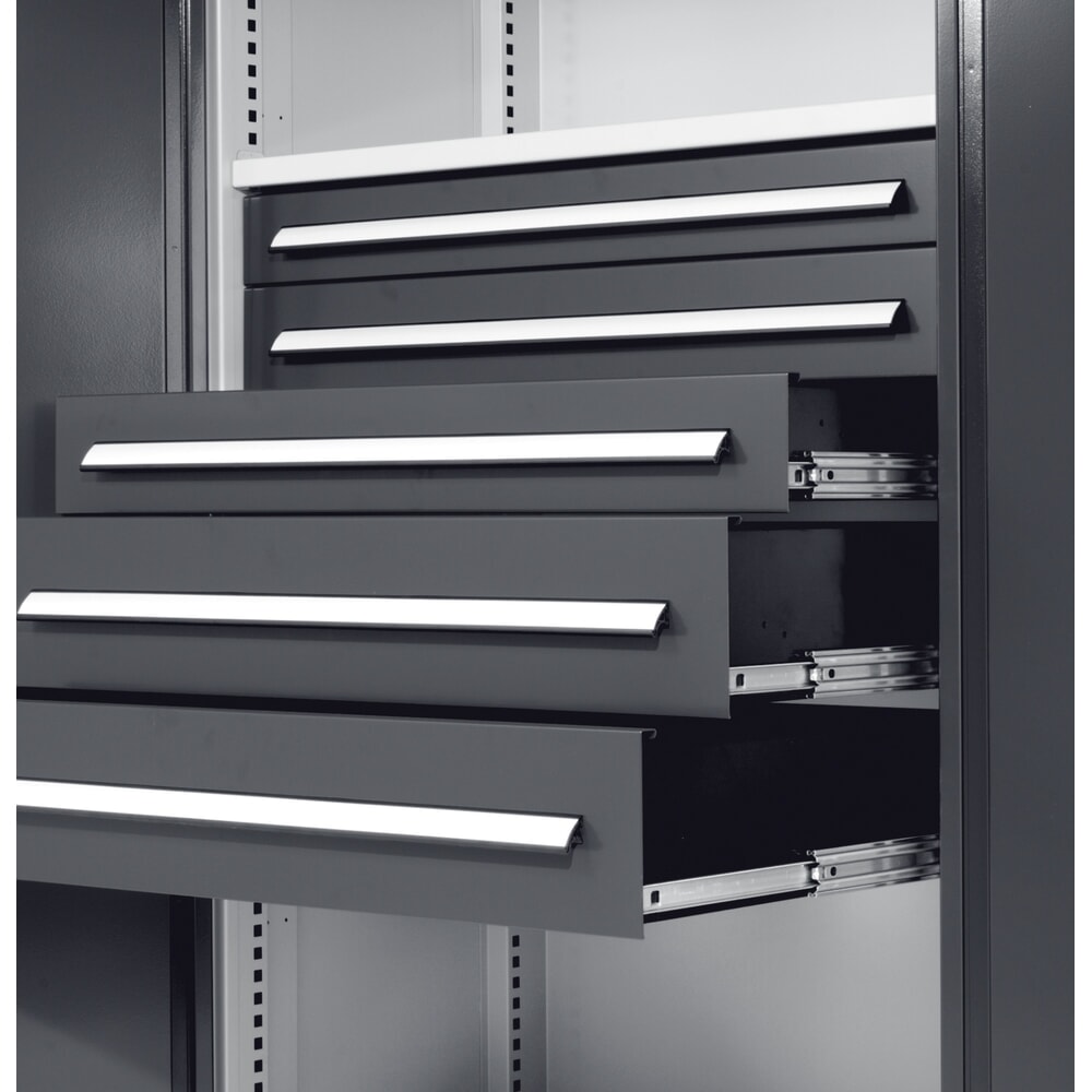 Produktabbildung Nr. 2: Kappes ®RasterPlan Schubladenschrank mit Werkbankplatte Multiplex, HxBxT 1.950 x 1.000 x 600 mm, 1 Fachboden, 3 Schubladen, Türinnenseite: Lochplatten, lichtgrau, anthrazitgrau