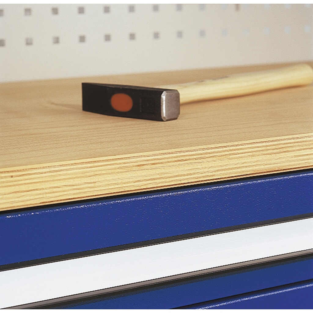 Produktabbildung Nr. 4: Kappes RasterPlan Schubladenschrank mit Werkbankplatte Multiplex, HxBxT 1.950 x 1.000 x 600 mm, 1 Fachboden, 3 Schubladen, Türinnenseite: Lochplatten, lichtgrau, enzianblau