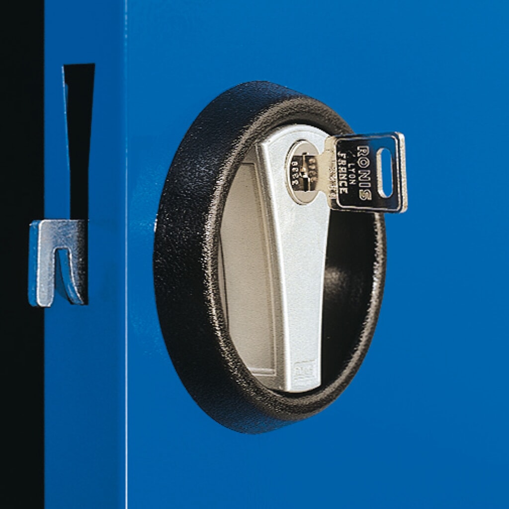 Produktabbildung Nr. 9: Kappes RasterPlan Schubladenschrank mit Werkbankplatte Multiplex, HxBxT 1.950 x 1.000 x 600 mm, 1 Fachboden, 3 Schubladen, Türinnenseite: Lochplatten, lichtgrau, enzianblau