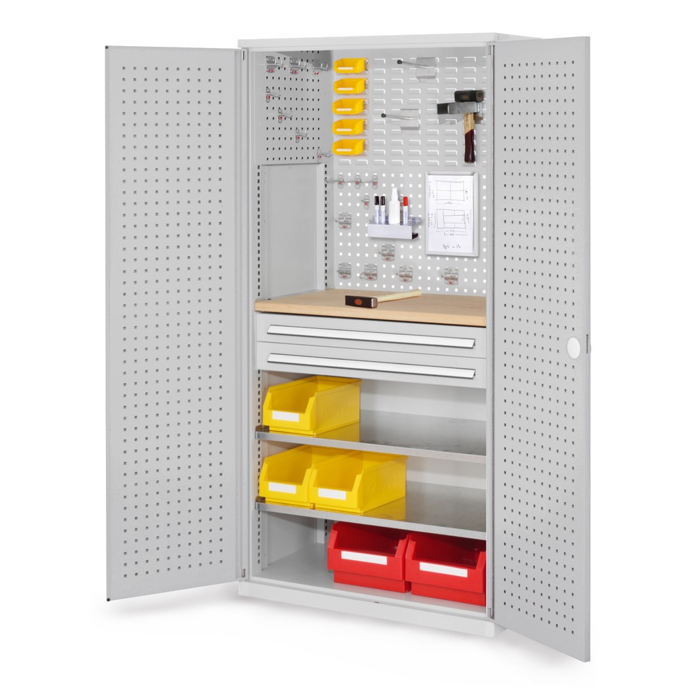 Produktabbildung: Kappes ®RasterPlan Schubladenschrank mit Werkbankplatte Multiplex, HxBxT 1.950 x 1.000 x 600 mm, 2 Fachböden, 2 Schubladen, Türinnenseite: Lochplatten, lichtgrau