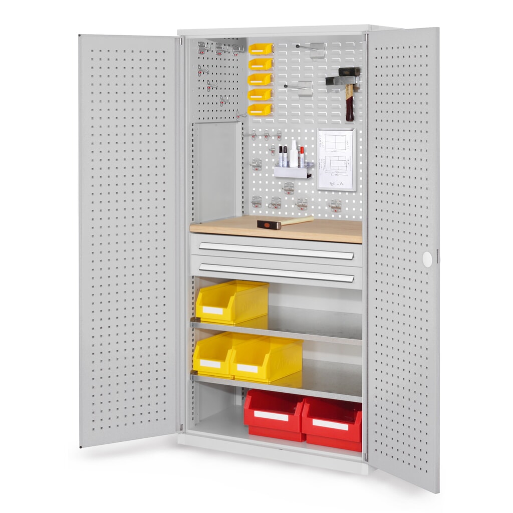 Kappes RasterPlan Schubladenschrank mit Werkbankplatte Multiplex, HxBxT 1.950 x 1.000 x 600 mm, 2 Fachböden, 2 Schubladen, Türinnenseite: Lochplatten, lichtgrau Produktabbildung: Kappes RasterPlan Schubladenschrank mit Werkbankplatte Multiplex, HxBxT 1.950 x 1.000 x 600 mm, 2 Fachböden, 2 Schubladen, Türinnenseite: Lochplatten, lichtgrau