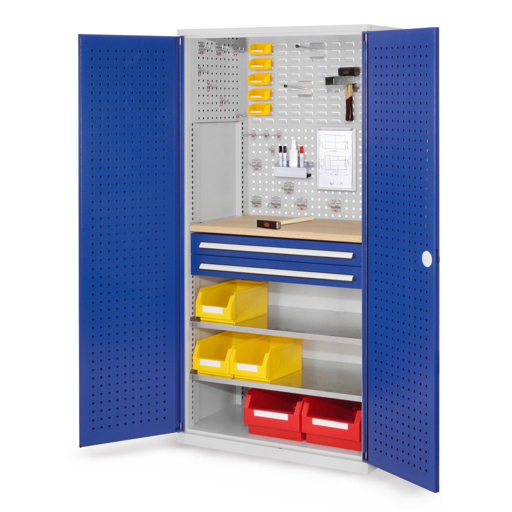 Produktabbildung: Kappes ®RasterPlan Schubladenschrank mit Werkbankplatte Multiplex, HxBxT 1.950 x 1.000 x 600 mm, 2 Fachböden, 2 Schubladen, Türinnenseite: Lochplatten, lichtgrau, enzianblau