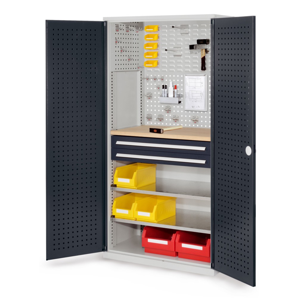 Produktabbildung: Kappes ®RasterPlan Schubladenschrank mit Werkbankplatte Multiplex, HxBxT 1.950 x 1.000 x 600 mm, 2 Fachböden, 2 Schubladen, Türinnenseite: Lochplatten, lichtgrau, anthrazitgrau