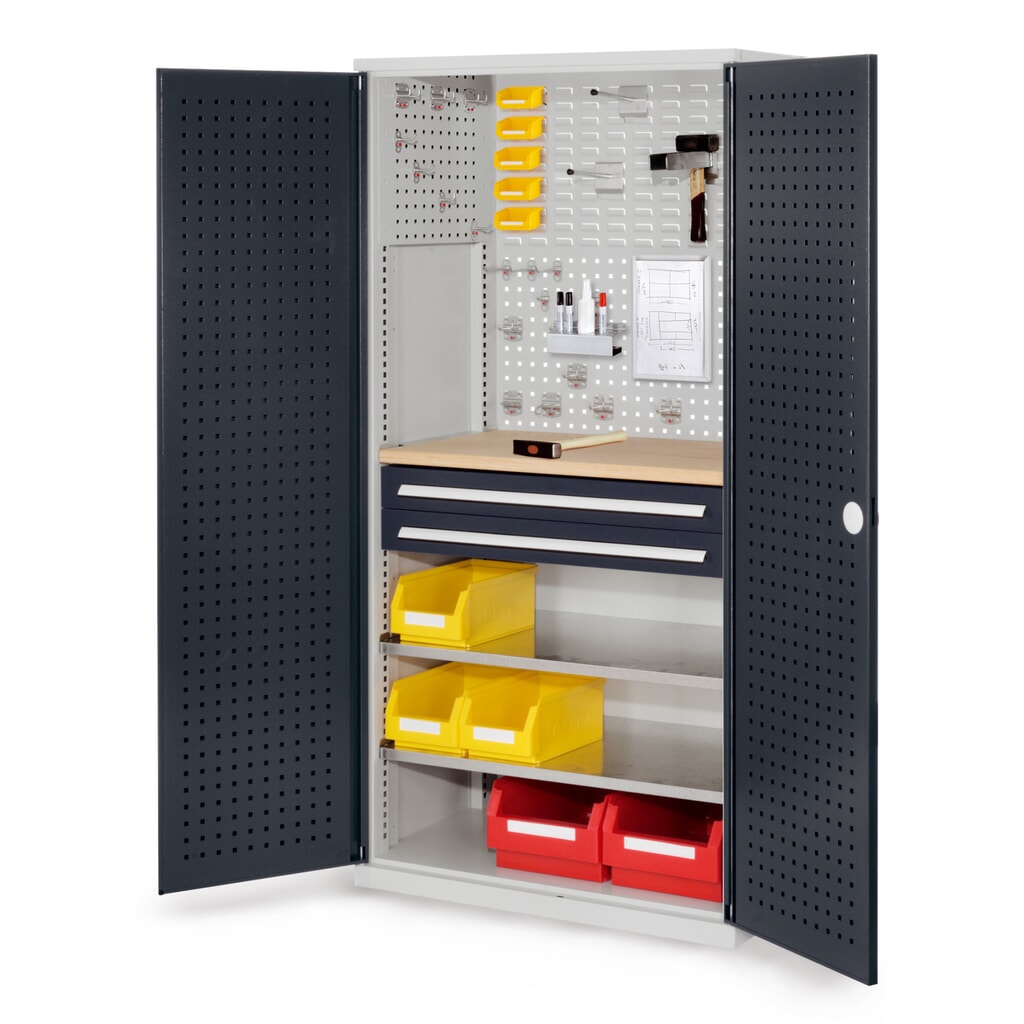 Kappes RasterPlan Schubladenschrank mit Werkbankplatte Multiplex, HxBxT 1.950 x 1.000 x 600 mm, 2 Fachböden, 2 Schubladen, Türinnenseite: Lochplatten, lichtgrau, anthrazitgrau Produktabbildung: Kappes RasterPlan Schubladenschrank mit Werkbankplatte Multiplex, HxBxT 1.950 x 1.000 x 600 mm, 2 Fachböden, 2 Schubladen, Türinnenseite: Lochplatten, lichtgrau, anthrazitgrau